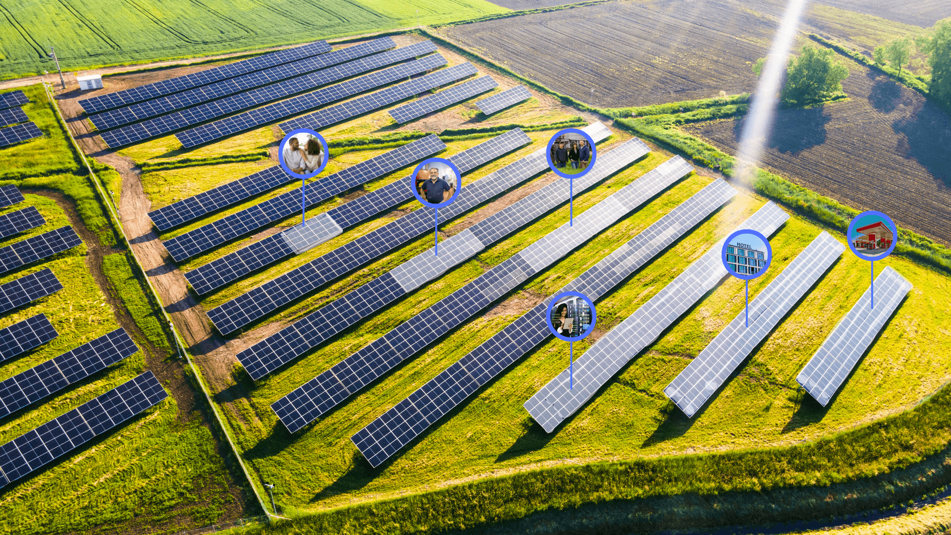 Aerial view of a solar farm with different icons representing various applications and buildings.