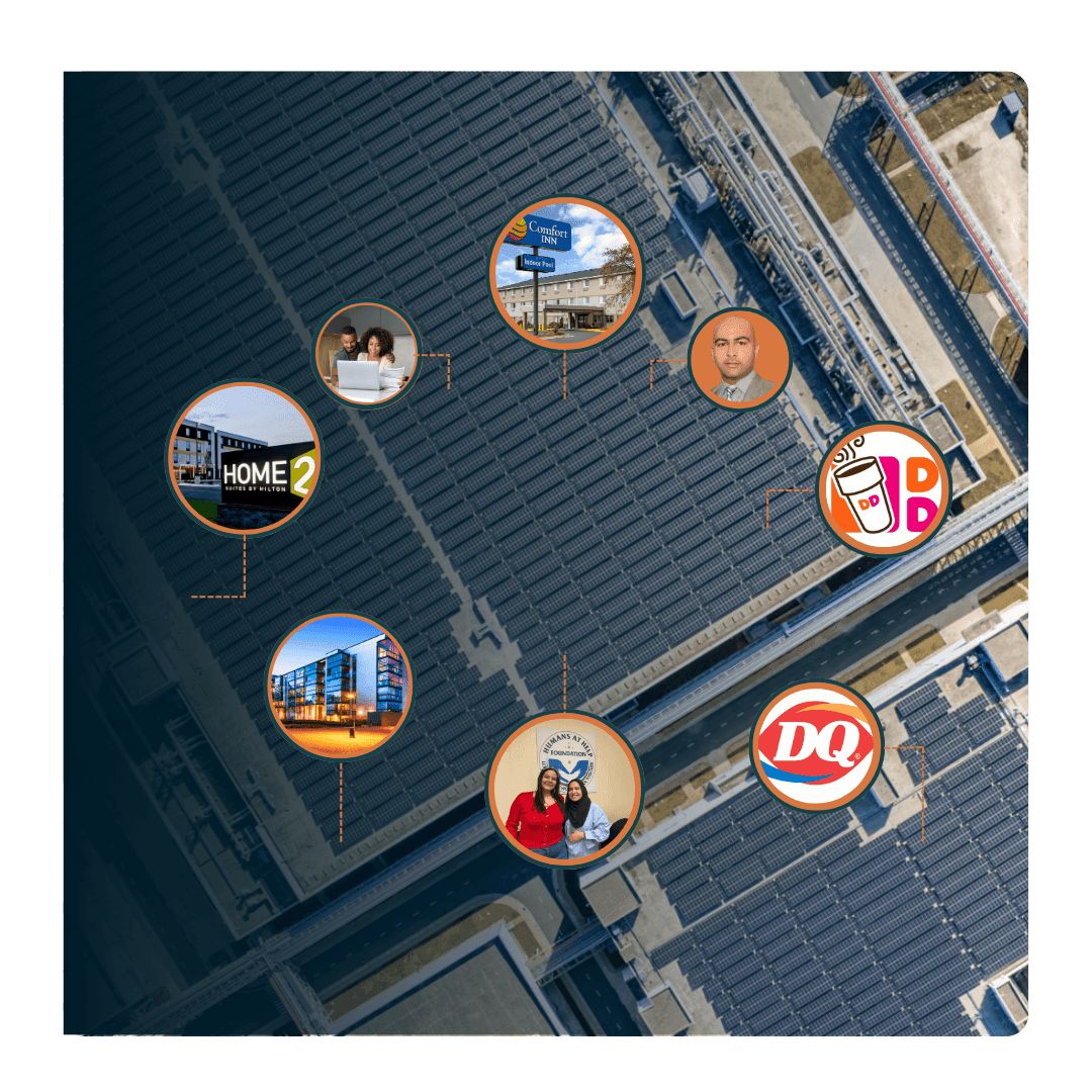 Overhead view of a facility with various brand logos and people in circular frames connected by lines.