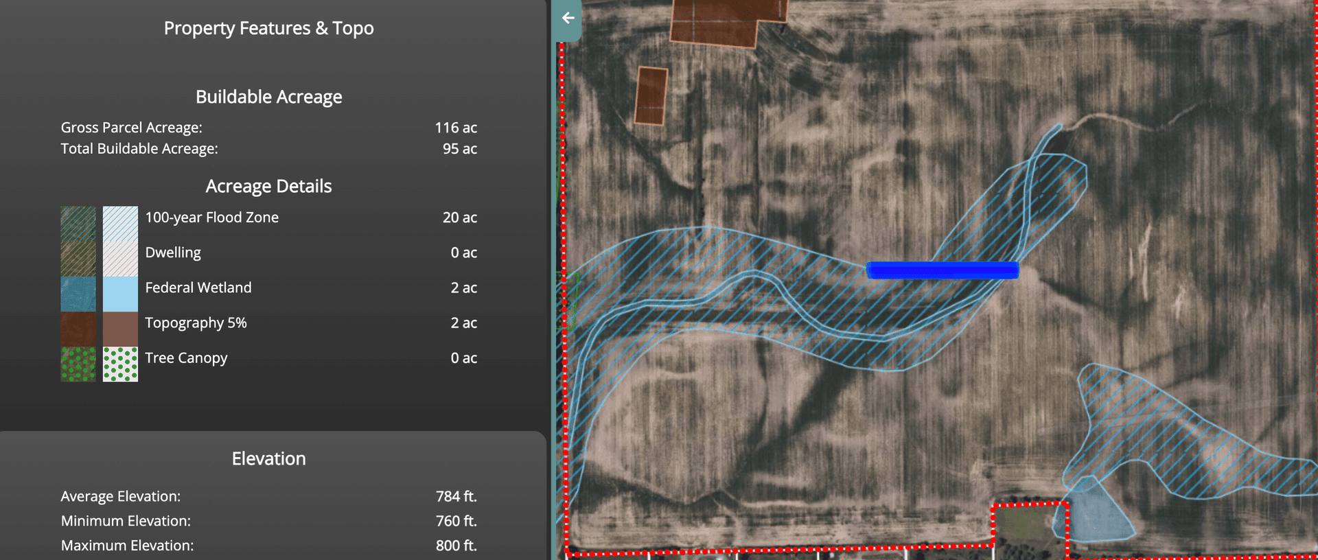 Map showing property features, including buildable acreage, flood zones, wetlands, and elevation details.