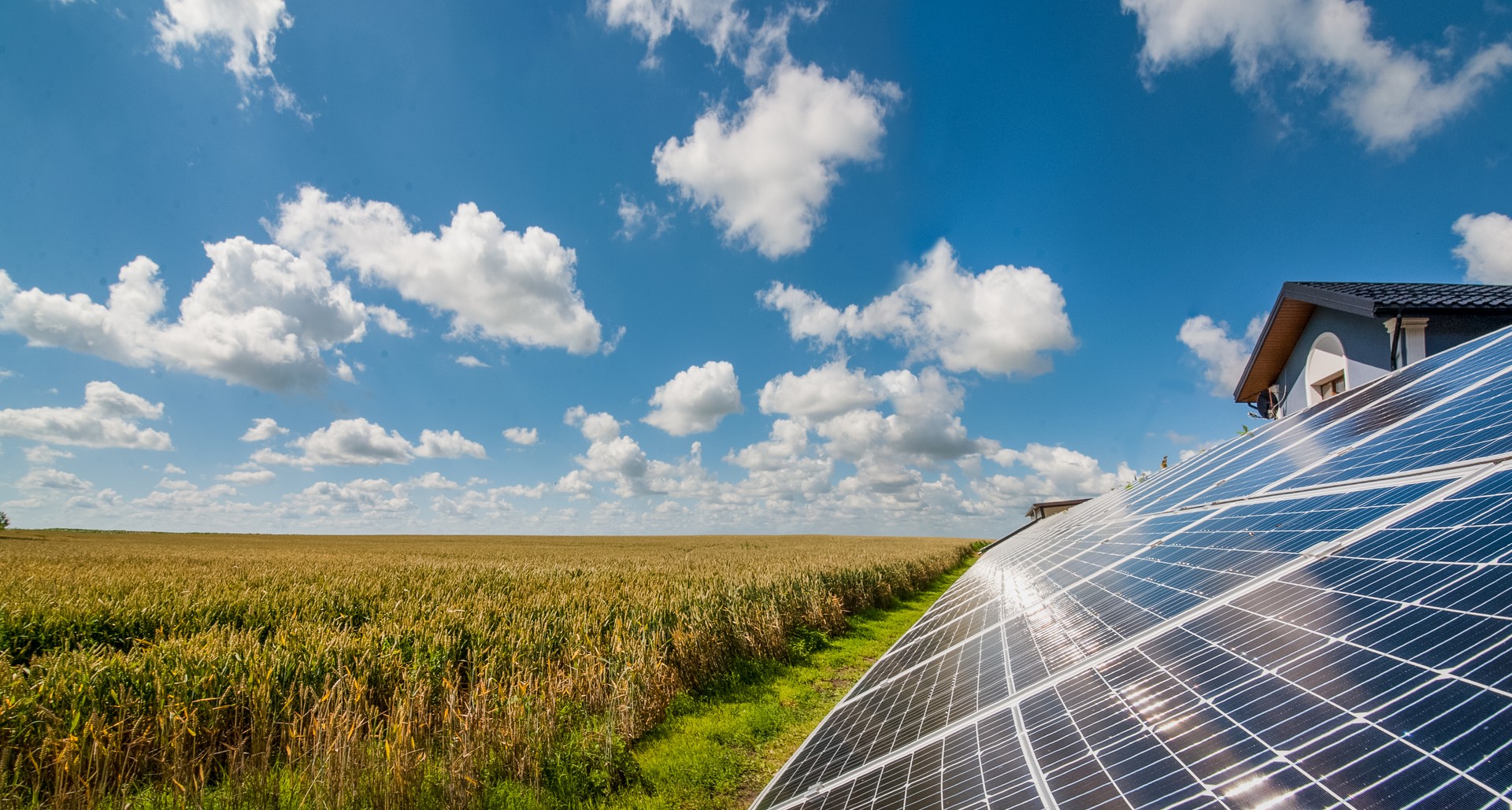 solar power panels near a wheat field and cloudly sky